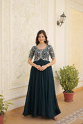 Vastranavya Faux Blooming with Embroidery Zari Sequins-work Gown - Teal | Grocsy