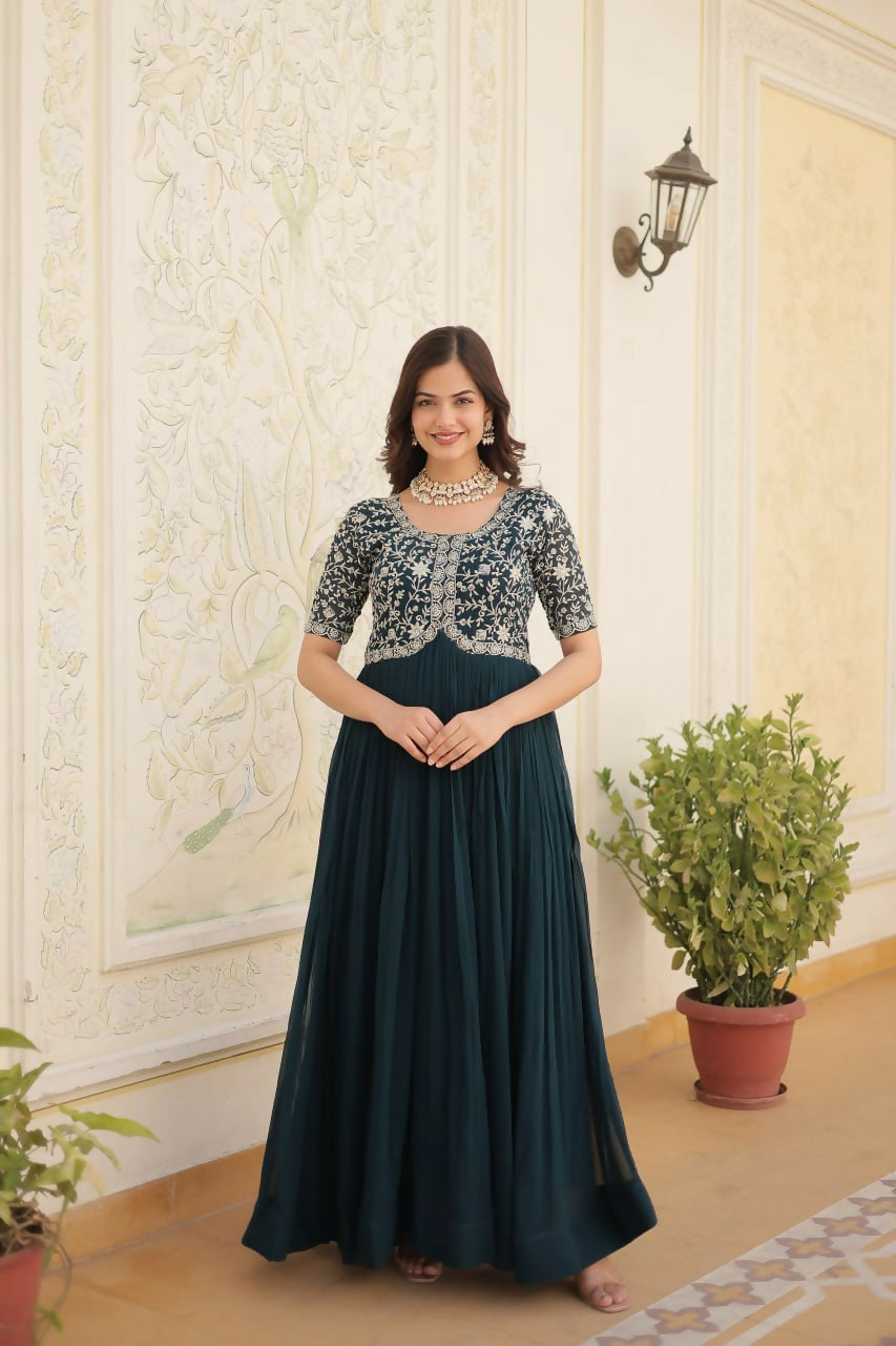 Vastranavya Faux Blooming with Embroidery Zari Sequins-work Gown - Teal | Grocsy