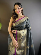 Joban Fashion Black Striped With Floral Motifs Soft Silk Leheriya Saree | Grocsy