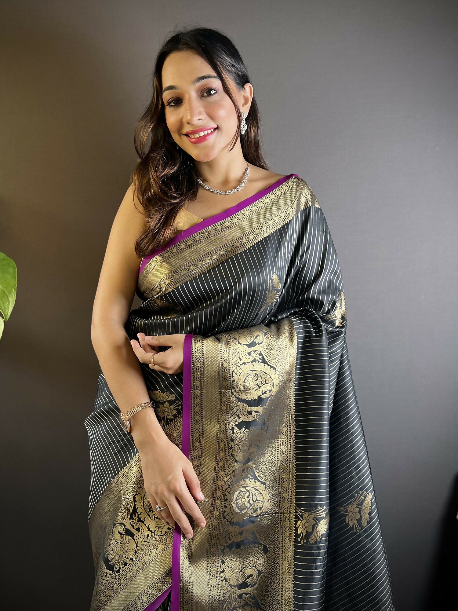 Joban Fashion Black Striped With Floral Motifs Soft Silk Leheriya Saree | Grocsy