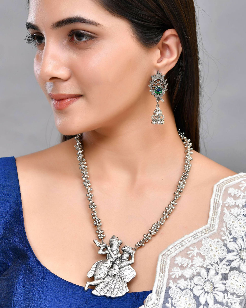 VOJ Silver Plated Oxidized Kanha Shape Long Necklace with Earring Set | Grocsy