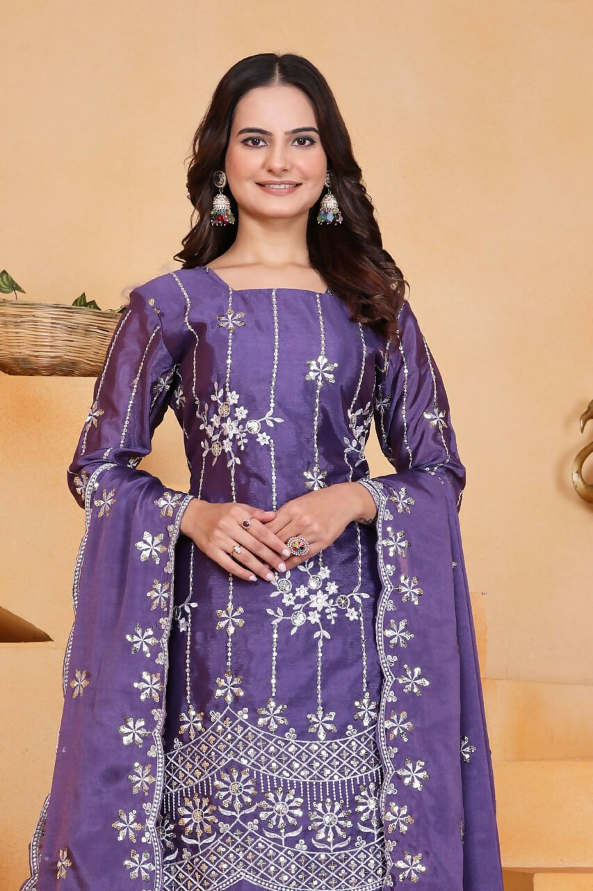 Teeya Creation Lavender Color Chinon Silk Wedding Wear Trending Palazzo Set | Grocsy