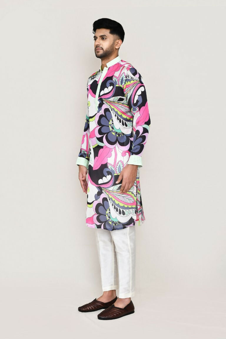 Joban Fashion Printed Colored Satin Silk Fabric Kurta With Straight Fit Pant | Grocsy
