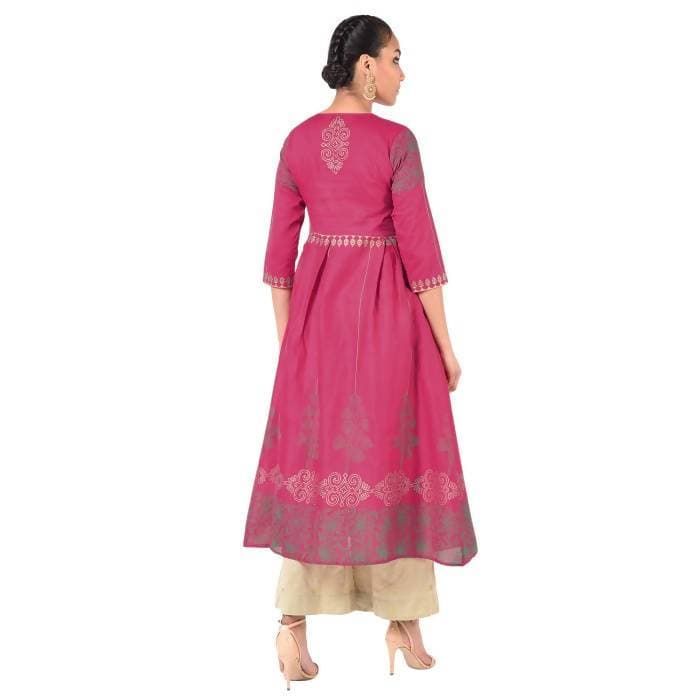 Aniyah Cotton Gold Print Flared Kurta Fuchsia (AN-163K) | Grocsy
