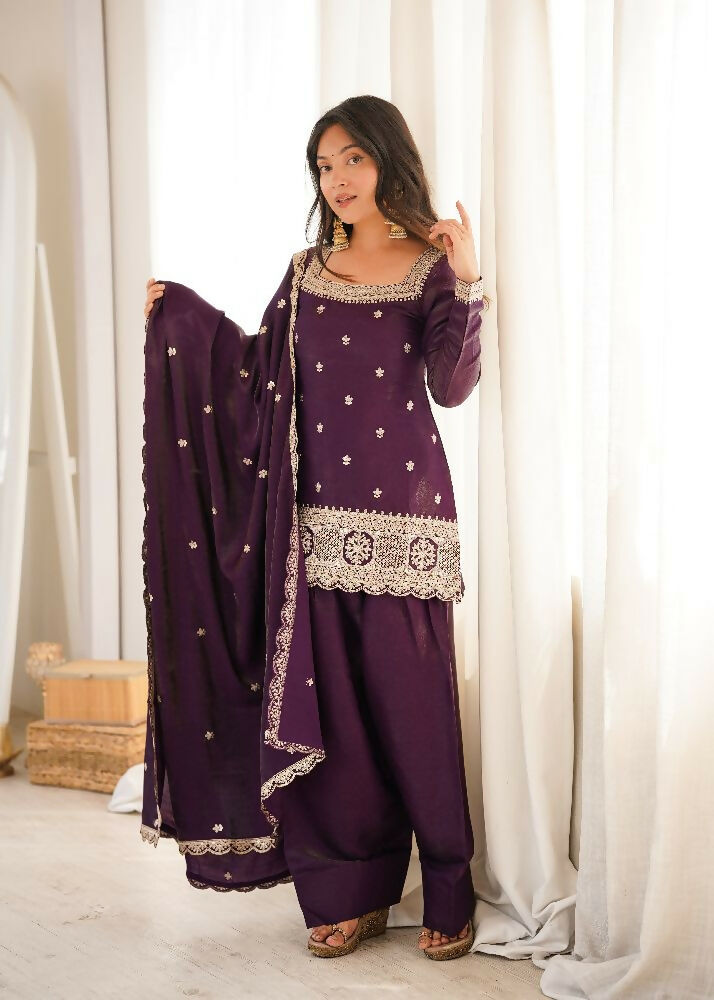 Teeya Creation Deep Wine Embroidered Festive Salwar Suit Set | Grocsy