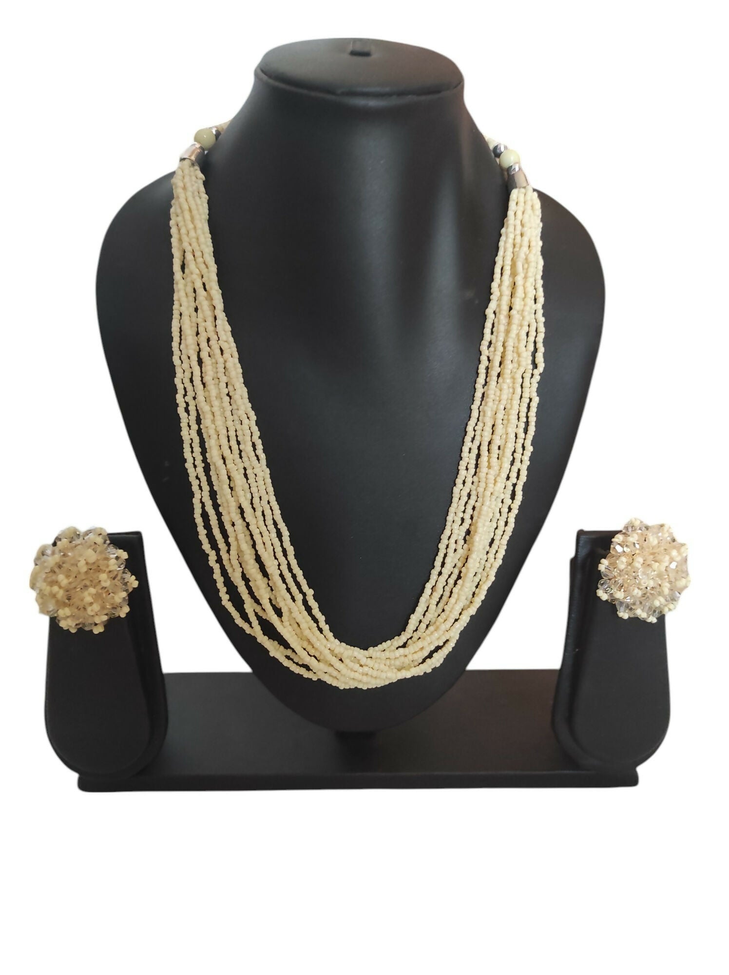 Inhanns Bloom Handmade Beaded Necklace With Earrings - 12 Layers - Cream Necklace Set | Grocsy