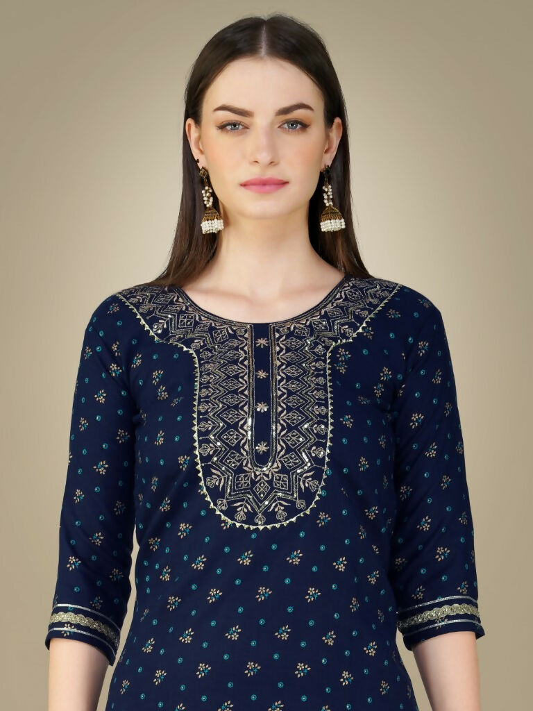 Jyoti Fashion Women's Navy Blue Cotton Magic Slub Embroidery & Sequence work Kurta with Trouser & Dupatta | Grocsy