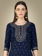 Jyoti Fashion Women's Navy Blue Cotton Magic Slub Embroidery & Sequence work Kurta with Trouser & Dupatta | Grocsy
