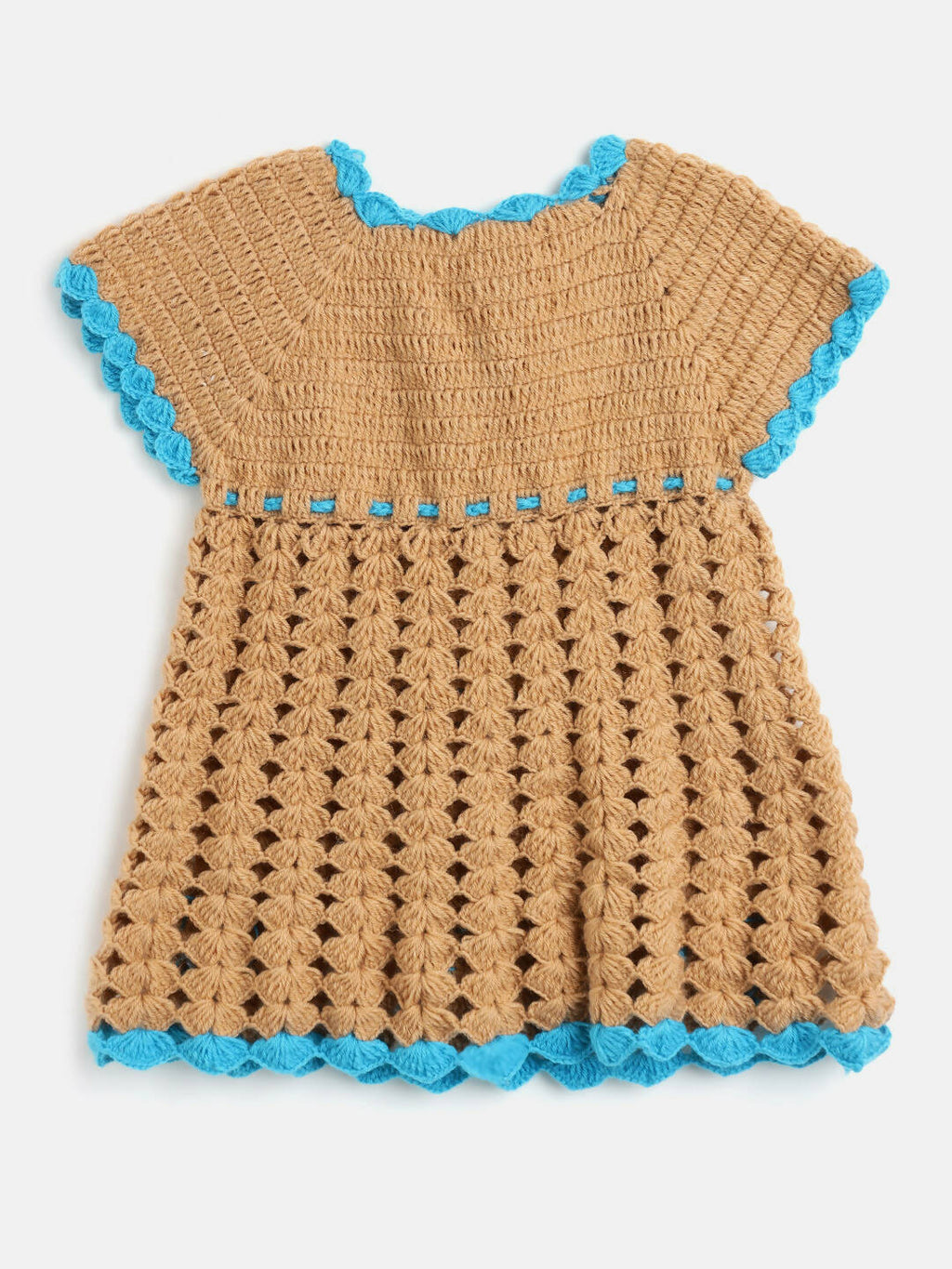 Chutput Kids Woollen Hand Knitted Full Sleeves Cardigan With Short Sleeves Flower Work Dress For Baby Girls - Blue | Grocsy