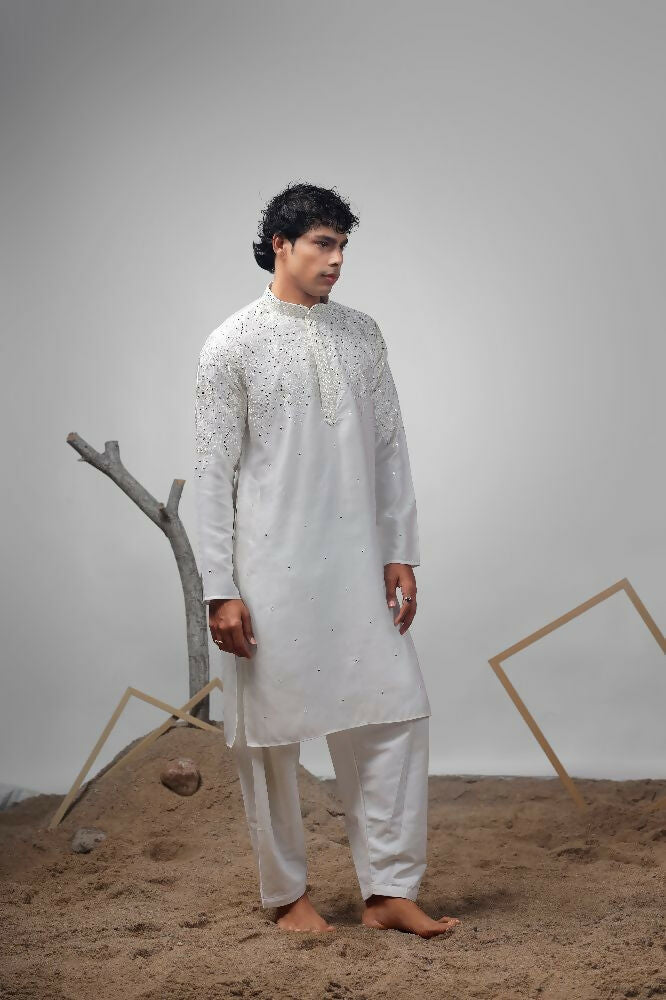 White Greek Satin Heavy Embroidery Work Kurta Set - Mahotsav | Grocsy