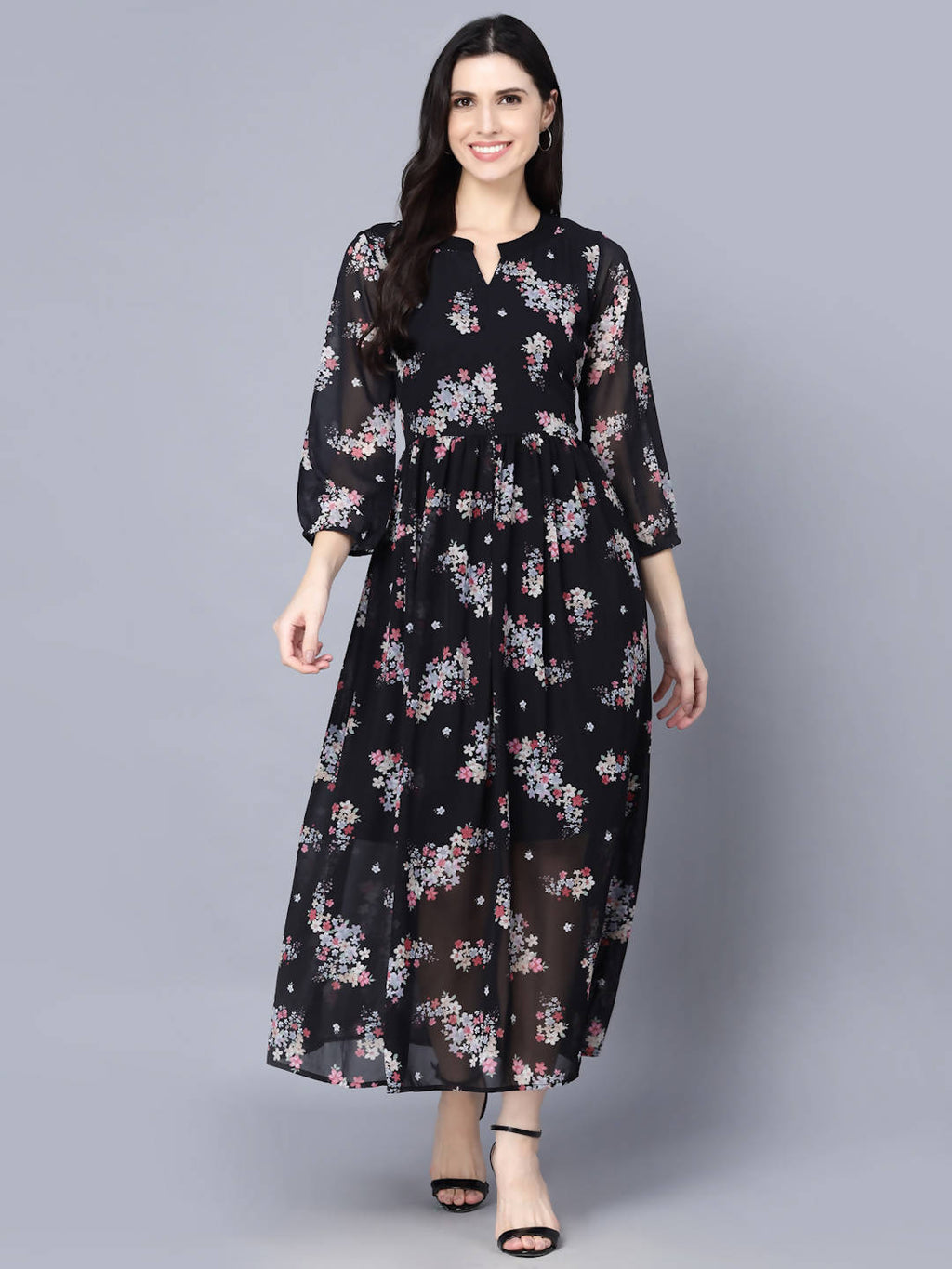 Myshka Black Floral Keyhole Neck Georgette Maxi Dress | Grocsy