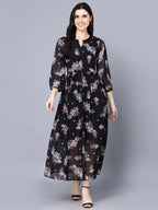 Myshka Black Floral Keyhole Neck Georgette Maxi Dress | Grocsy