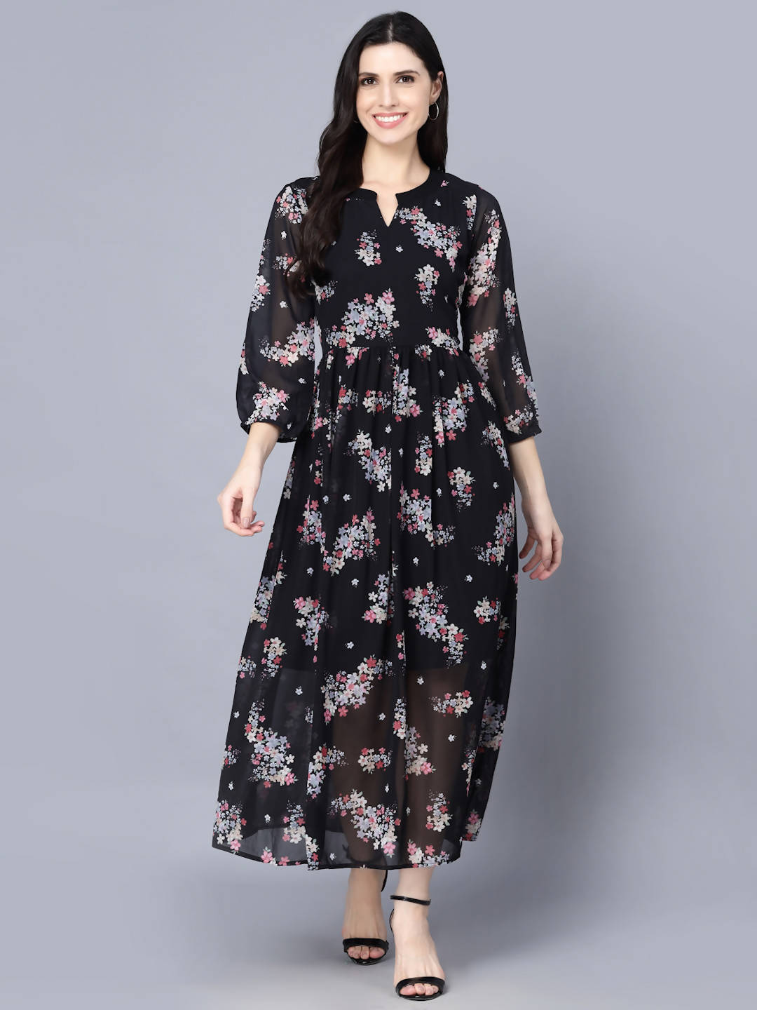 Myshka Black Floral Keyhole Neck Georgette Maxi Dress | Grocsy