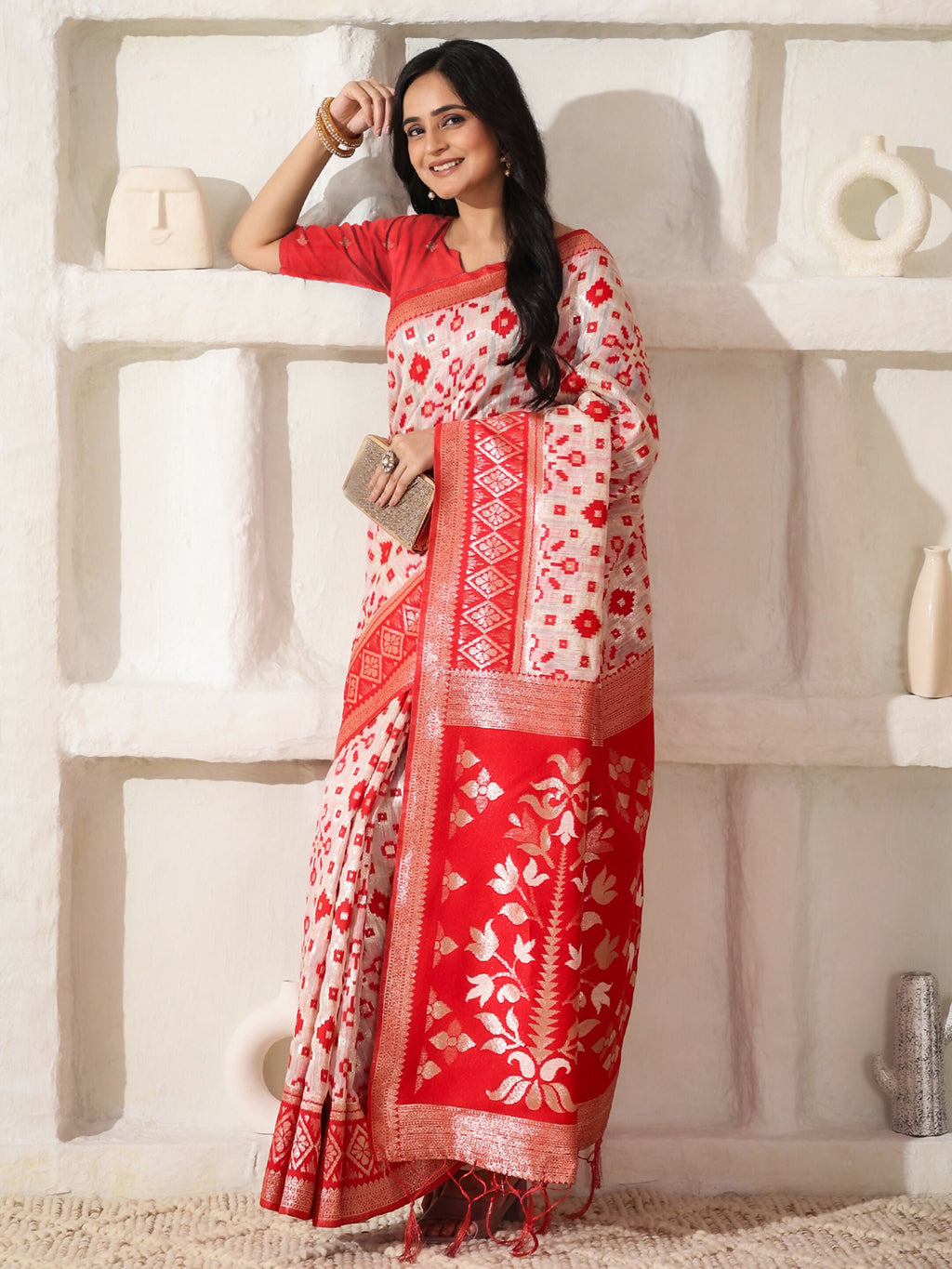 Shree Shyam Fashion Linen Cotton Red & White Saree | Grocsy