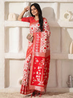 Shree Shyam Fashion Linen Cotton Red & White Saree | Grocsy