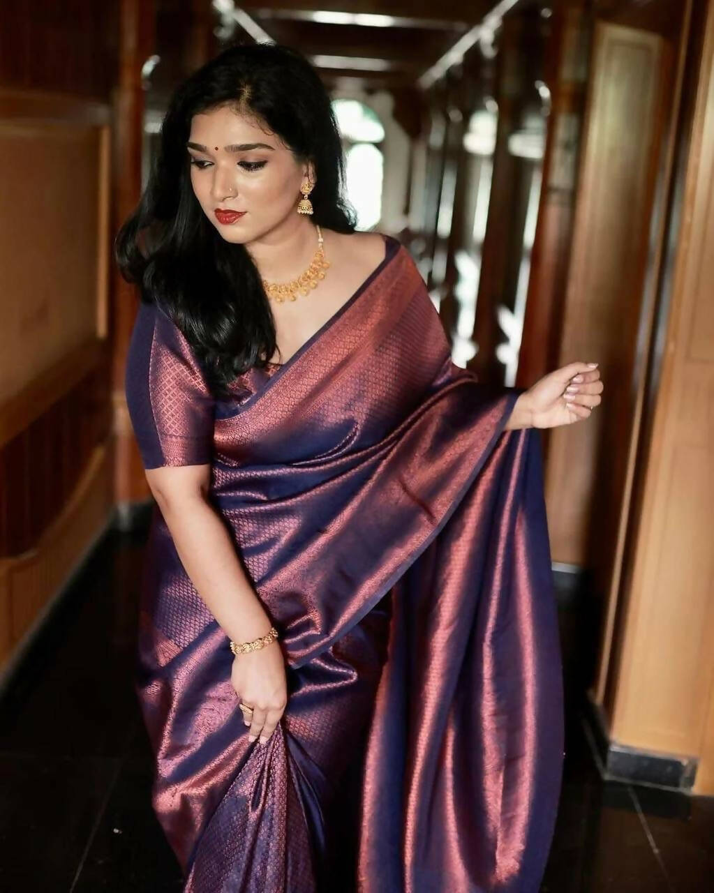 DEIANA'S Beautiful Designer Golden zari Soft Lichi Silk Saree - Purple | Grocsy