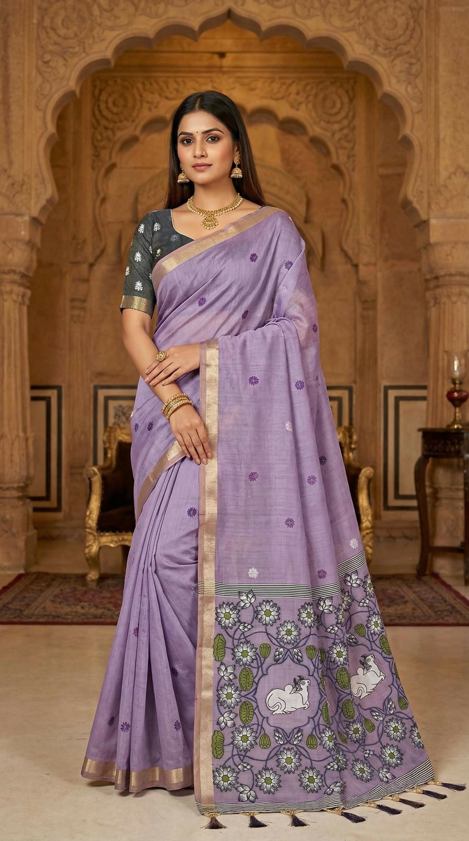 Vastranavya Lavender Muga Cotton Meenakari & Azarakh Pallu Saree with Contrast Blouse | Grocsy