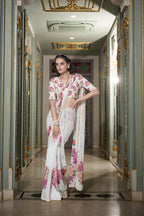 Vastranavya White Spectacular Georgette Printed with Pearl Lace Saree with Unstitched Blouse | Grocsy