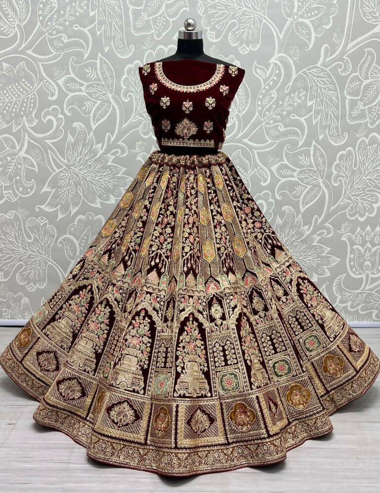 Jyoti Fashion Women's Maroon Velvet Dori, Multi Thread Embroidered with Diamond Work Wedding Lehenga Choli | Grocsy
