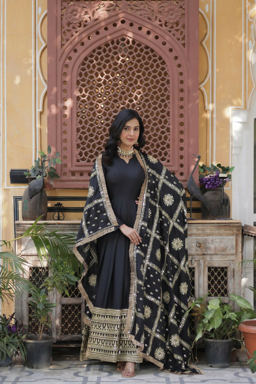 Vastranavya Star Georgette with Embroidery Zari Sequins-work Gown & Dupatta - Black | Grocsy
