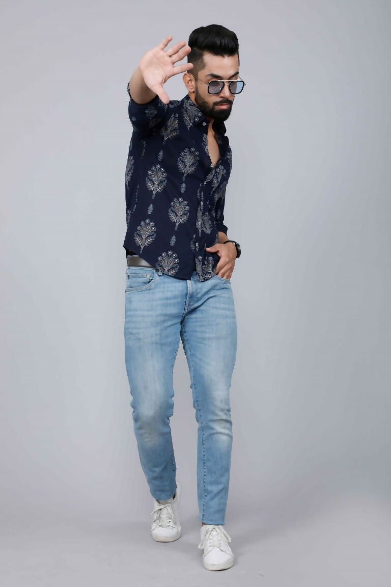Miravan Men's Blue Spread Collar Floral Print Shirt | Grocsy