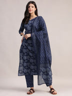 Aavyora Women's Floral Printed Indigo Blue Cotton Straight Kurta With Trouser & Dupatta | Grocsy