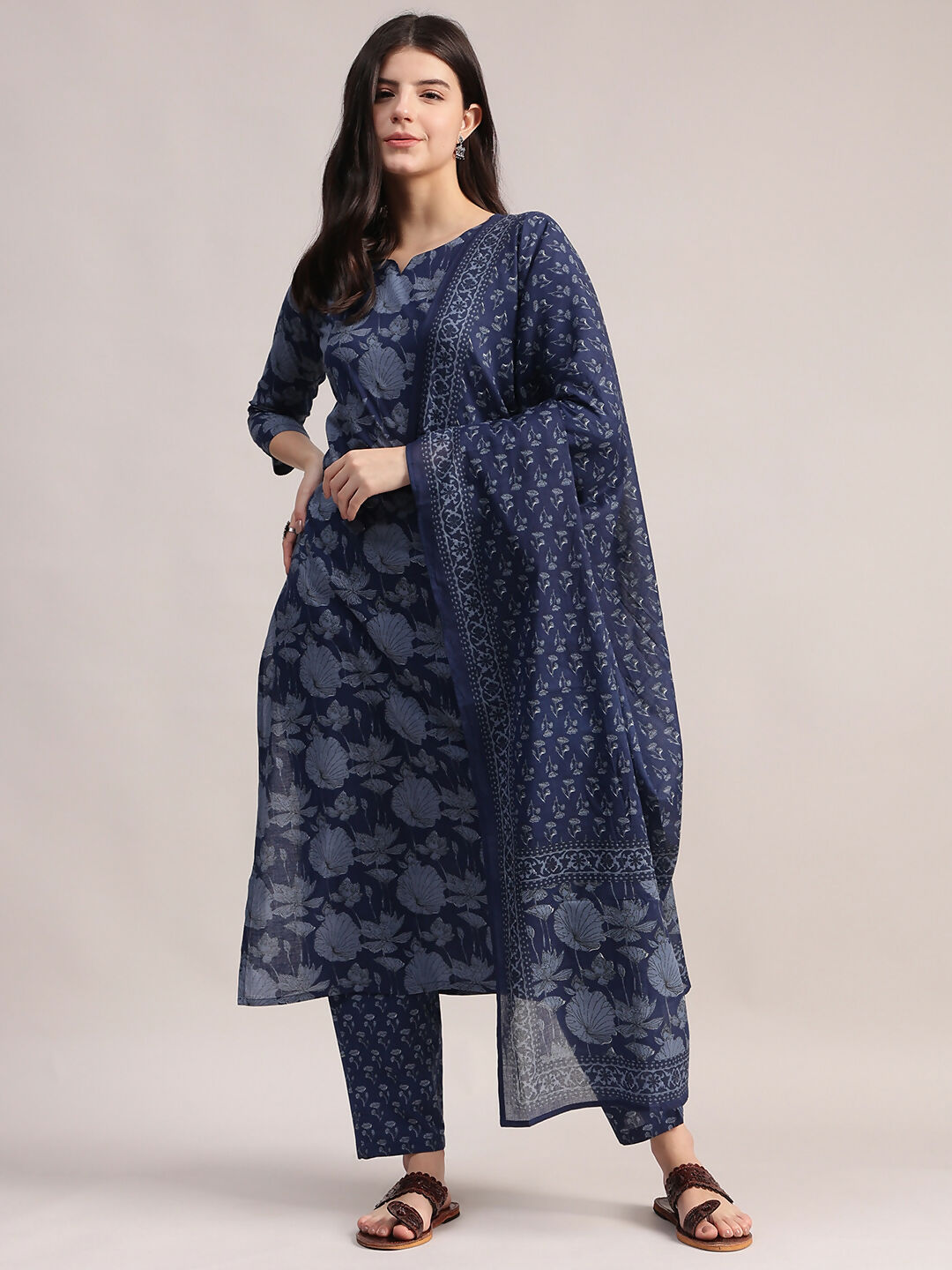 Aavyora Women's Floral Printed Indigo Blue Cotton Straight Kurta With Trouser & Dupatta | Grocsy