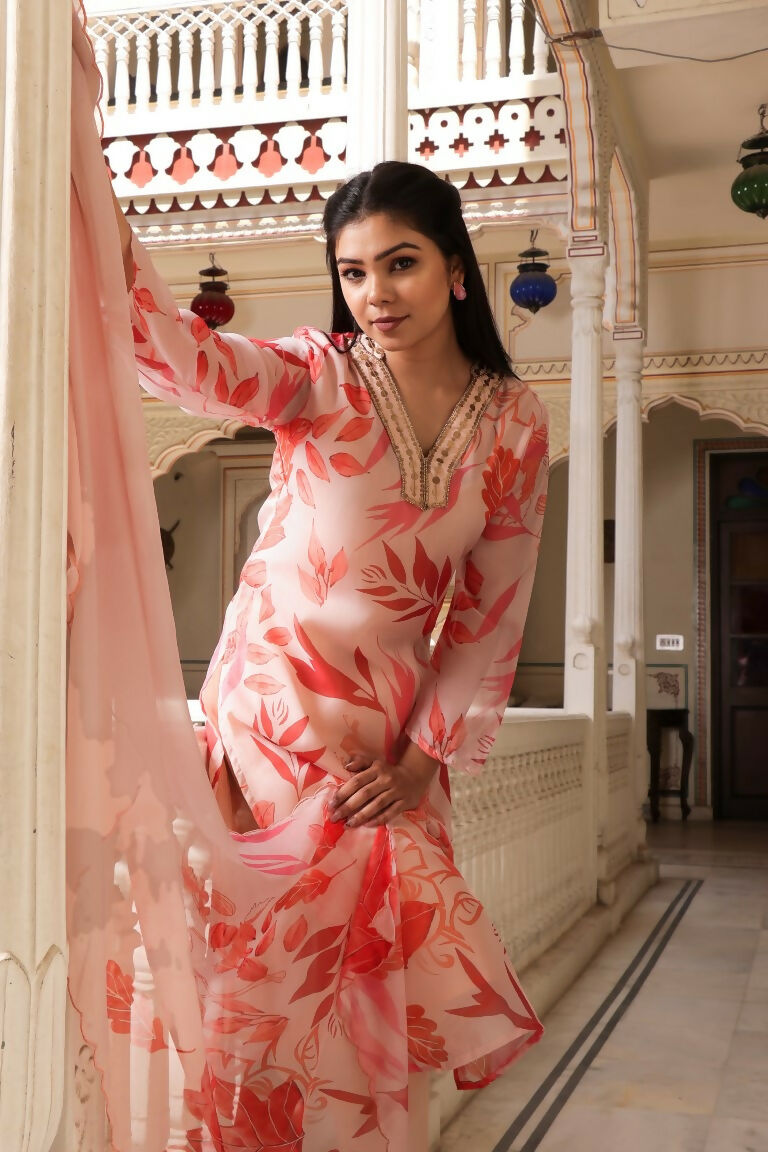 Vaasva Women Peach Tabby Slik Print & Embroidered Kurta, Pant & Dupatta set | Grocsy