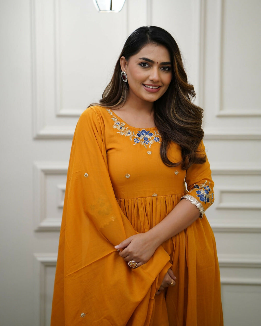 The52 Orange Women's Gorgeous Viscose Fabric Embroidered Work Flared Kurta Pant and Dupatta Set | Grocsy