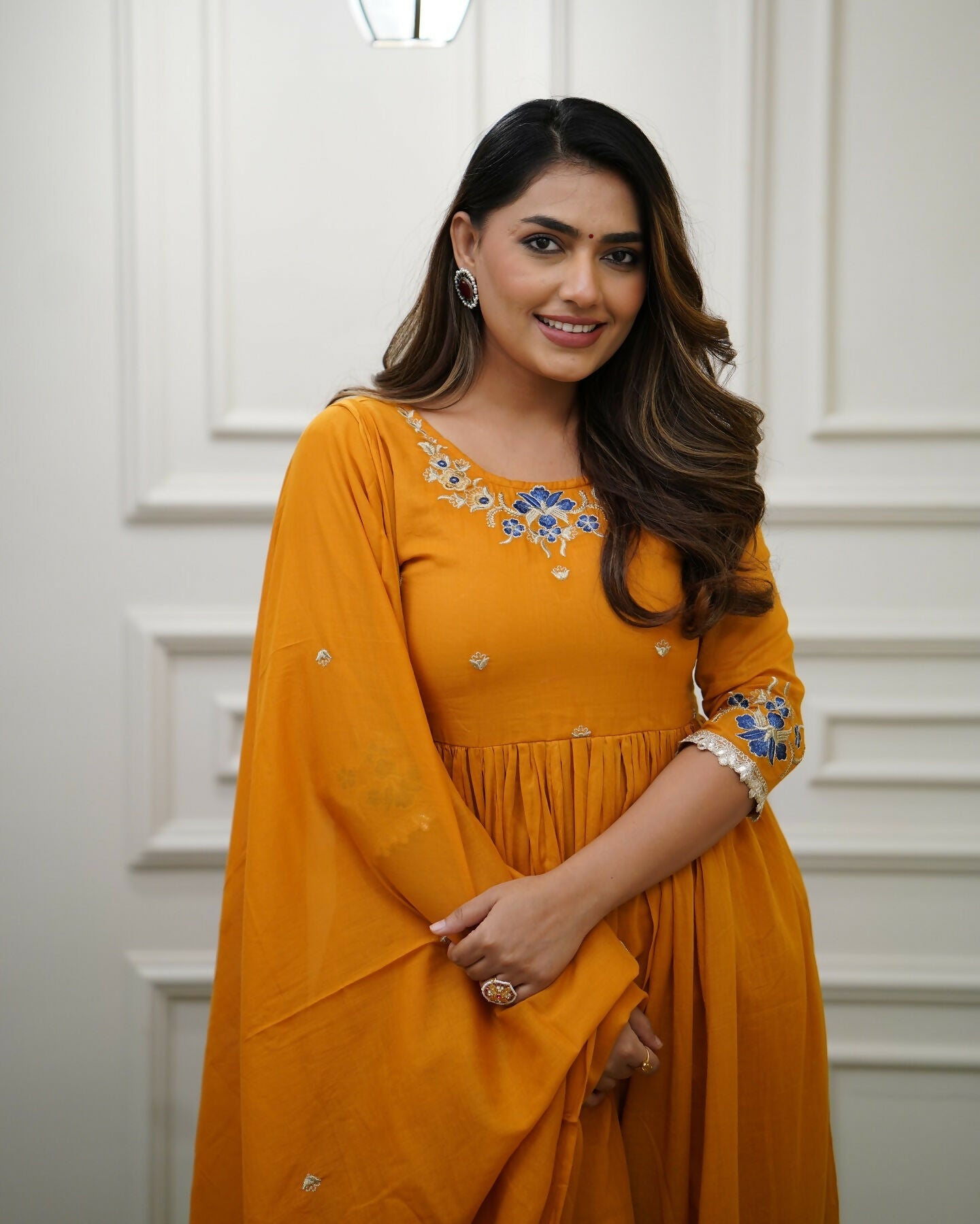 The52 Orange Women's Gorgeous Viscose Fabric Embroidered Work Flared Kurta Pant and Dupatta Set | Grocsy