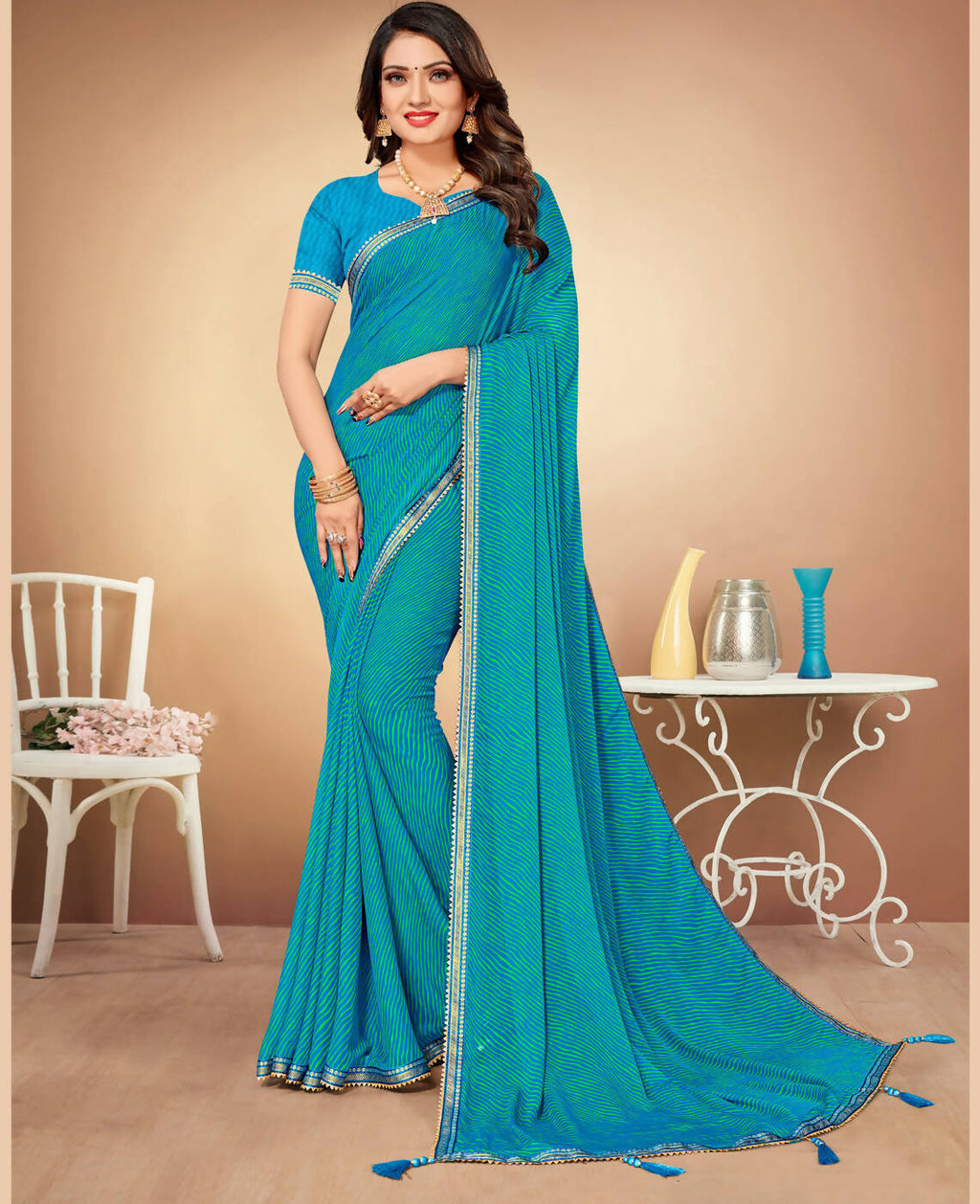 Sky Blue Chiffon Leheriya Printed Saree With Unstitched Blouse Piece - Swarna | Grocsy