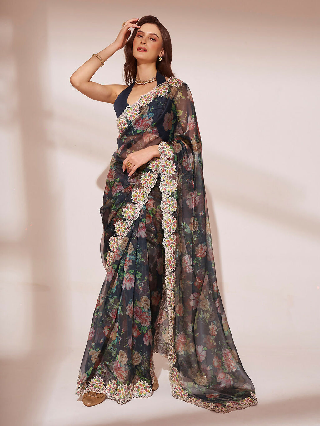 Black Jimmy Choo Designer Work Lace Border & Swarovski Work Saree - Orchid | Grocsy