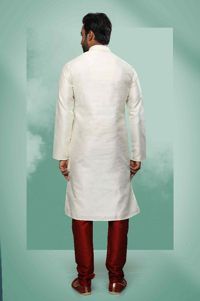 Raivat Ethnic Art Silk Mirror Embroidery Work Kurta Pajama In Cream Colour | Grocsy