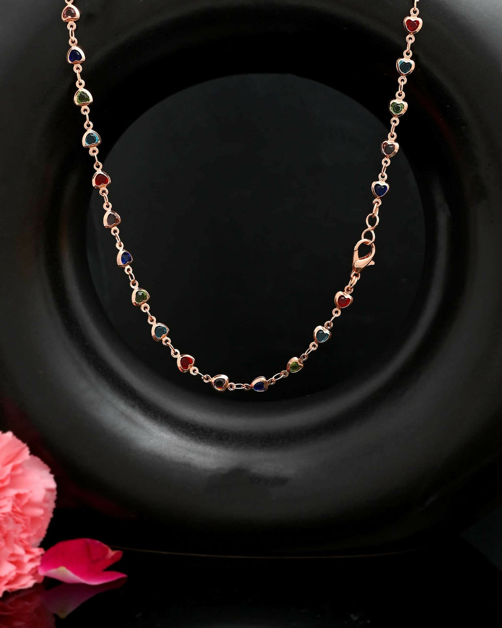 VOJ Gold-Polished Chain For Women With Multi Colour Hearts | Grocsy