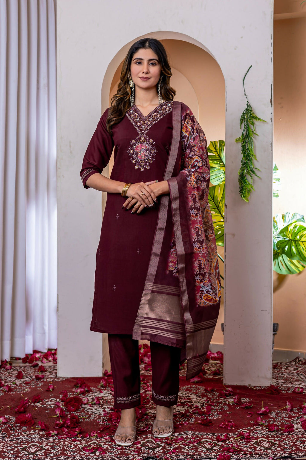 Teeya Creation Womens Wine Embroidered Kurta Pant Set | Grocsy