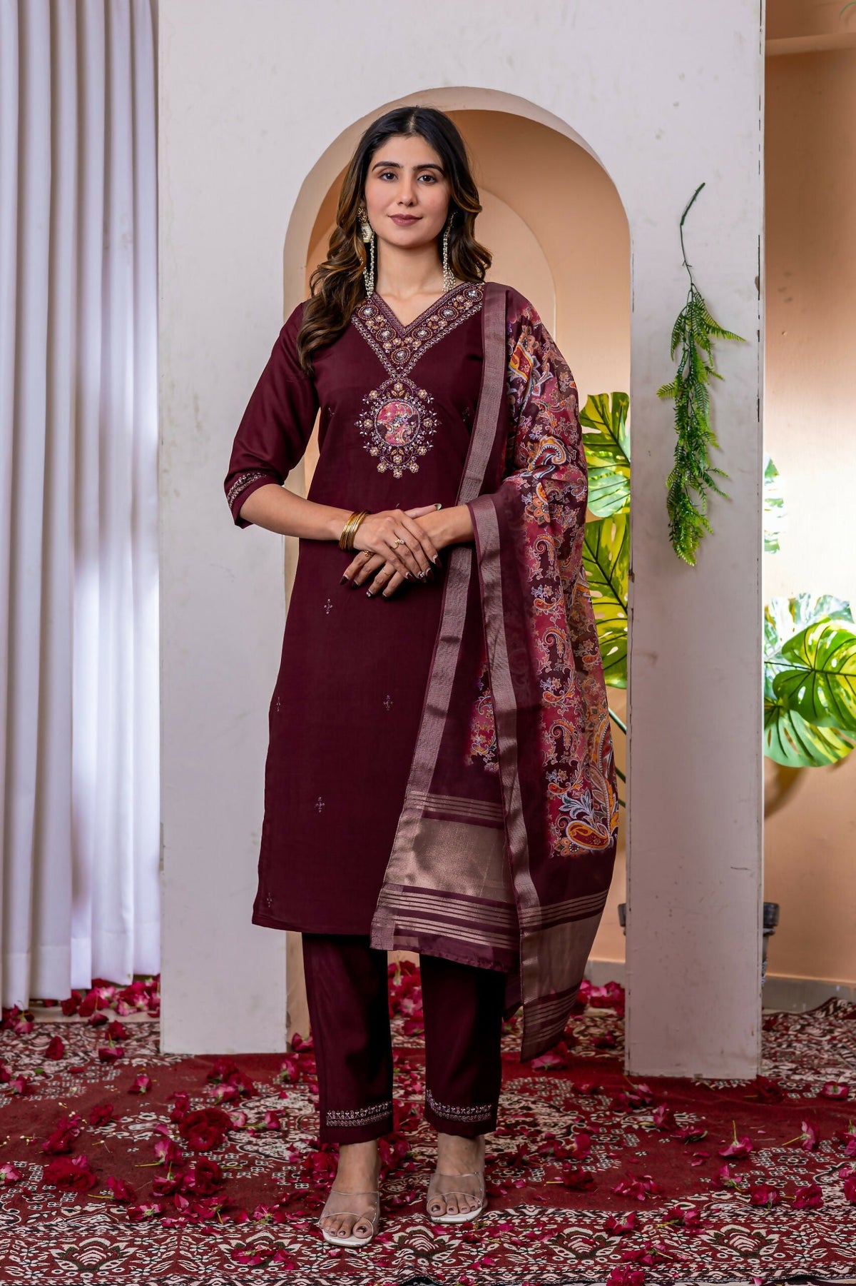 Teeya Creation Womens Wine Embroidered Kurta Pant Set | Grocsy