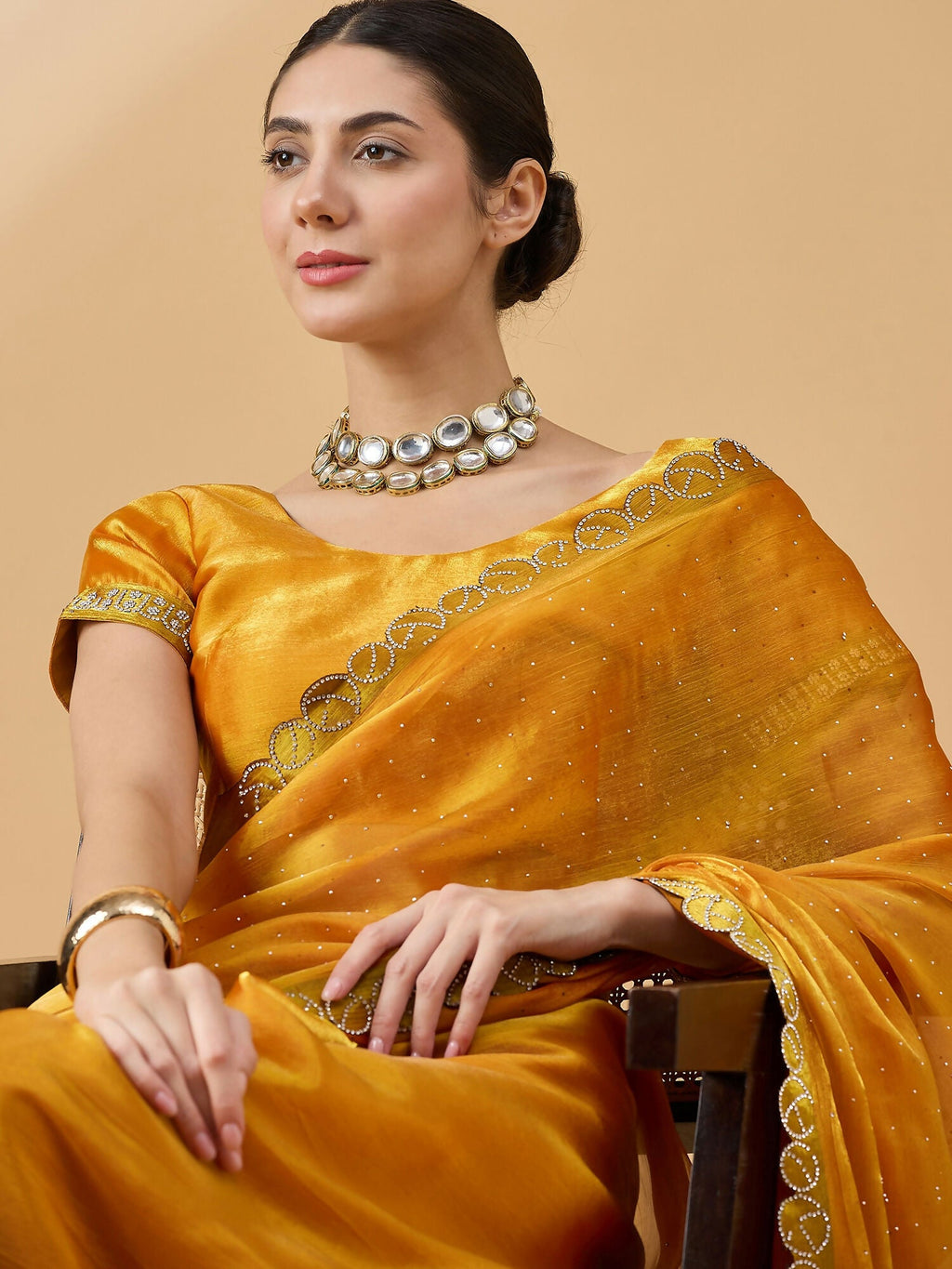 Mustard Organza Swaroski Diamond Work Saree with Unstitched Blouse - Radha | Grocsy