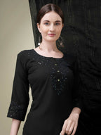 Jyoti Fashion Women's Black Cotton Blend Embroidery & Sequence work Kurta with Trouser & Dupatta | Grocsy