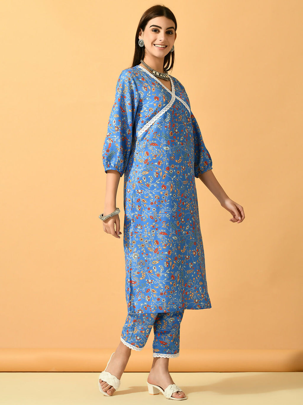 Myshka Women's Blue Printed Party Kurta Sets | Grocsy