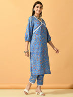 Myshka Women's Blue Printed Party Kurta Sets | Grocsy