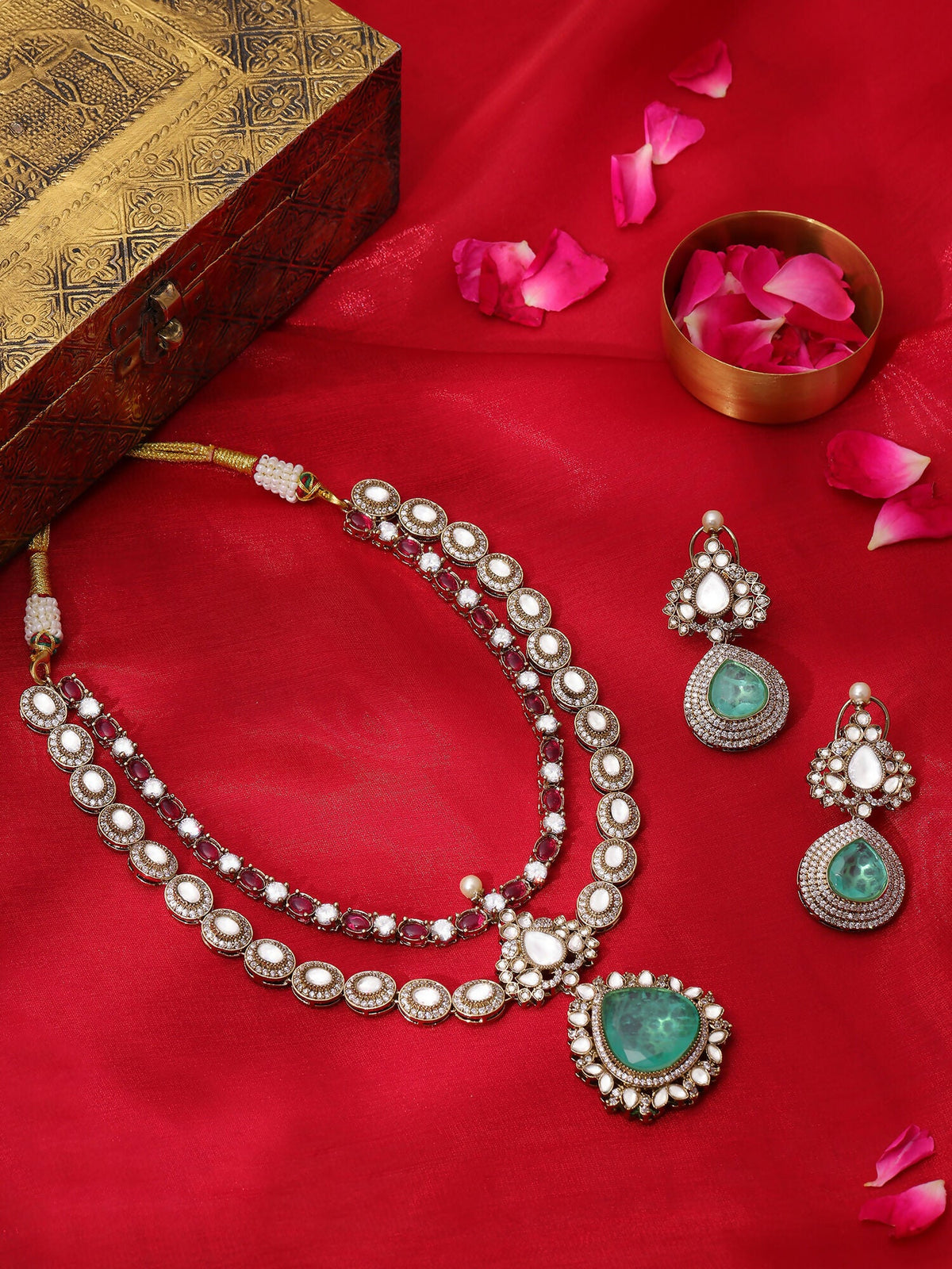 Ruby Raang 22k Gold Polished Stonework Moissanite Necklace With Earrings | Grocsy