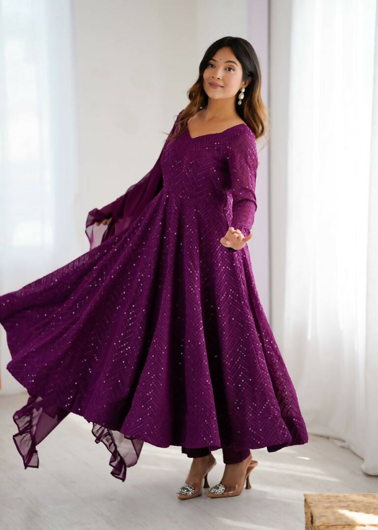 Teeya Creation Wine Color Heavy Embroidery Work Georgette Fabric Wedding Wear Gown | Grocsy
