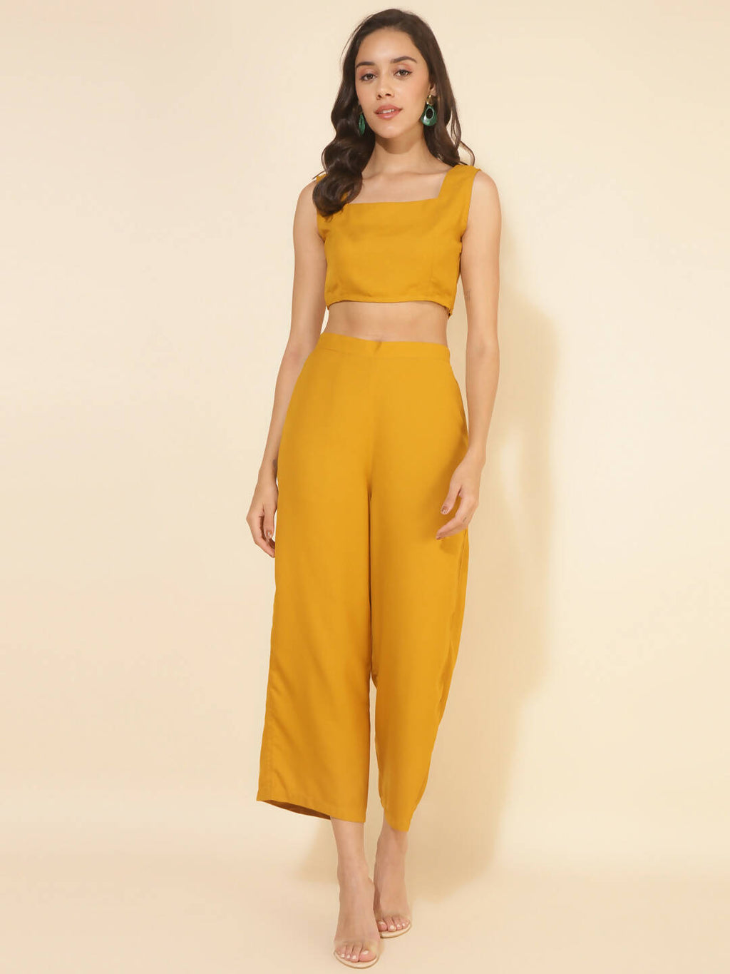 Janasya Women's Mustard Moss Solid Festive Crop Top Set | Grocsy