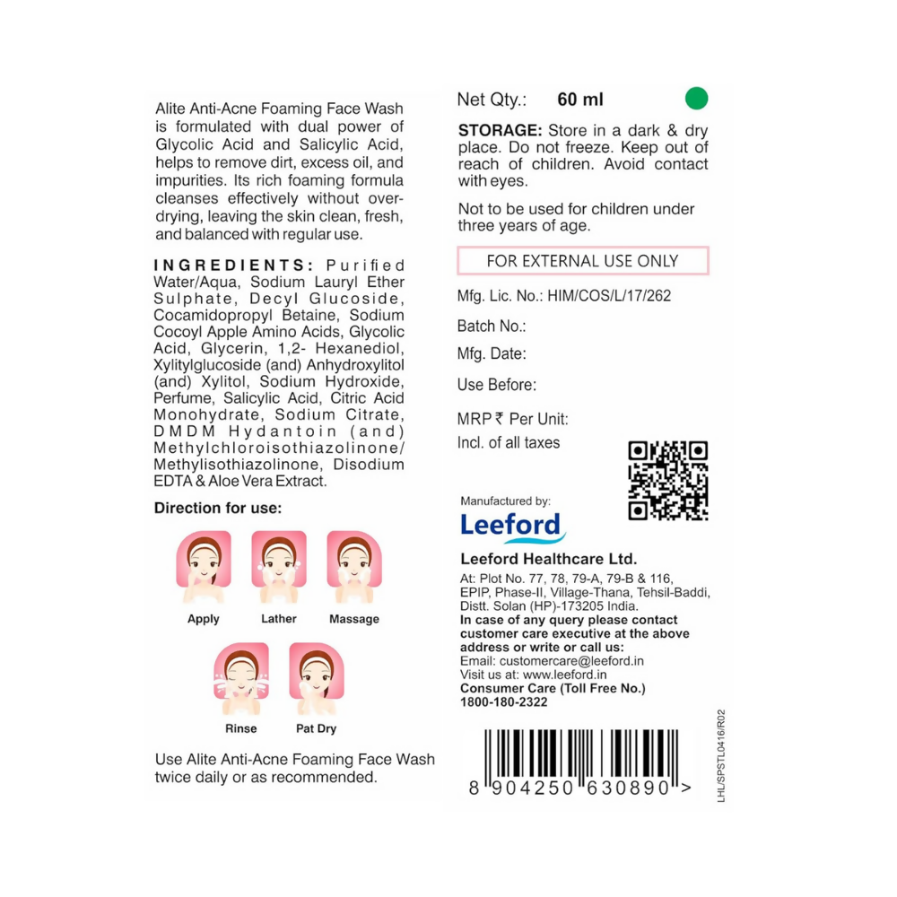 Alite Anti Acne 5-in-1 Foaming Face Wash with 4% Glycolic Acid & 1% Salicylic Acid | Grocsy