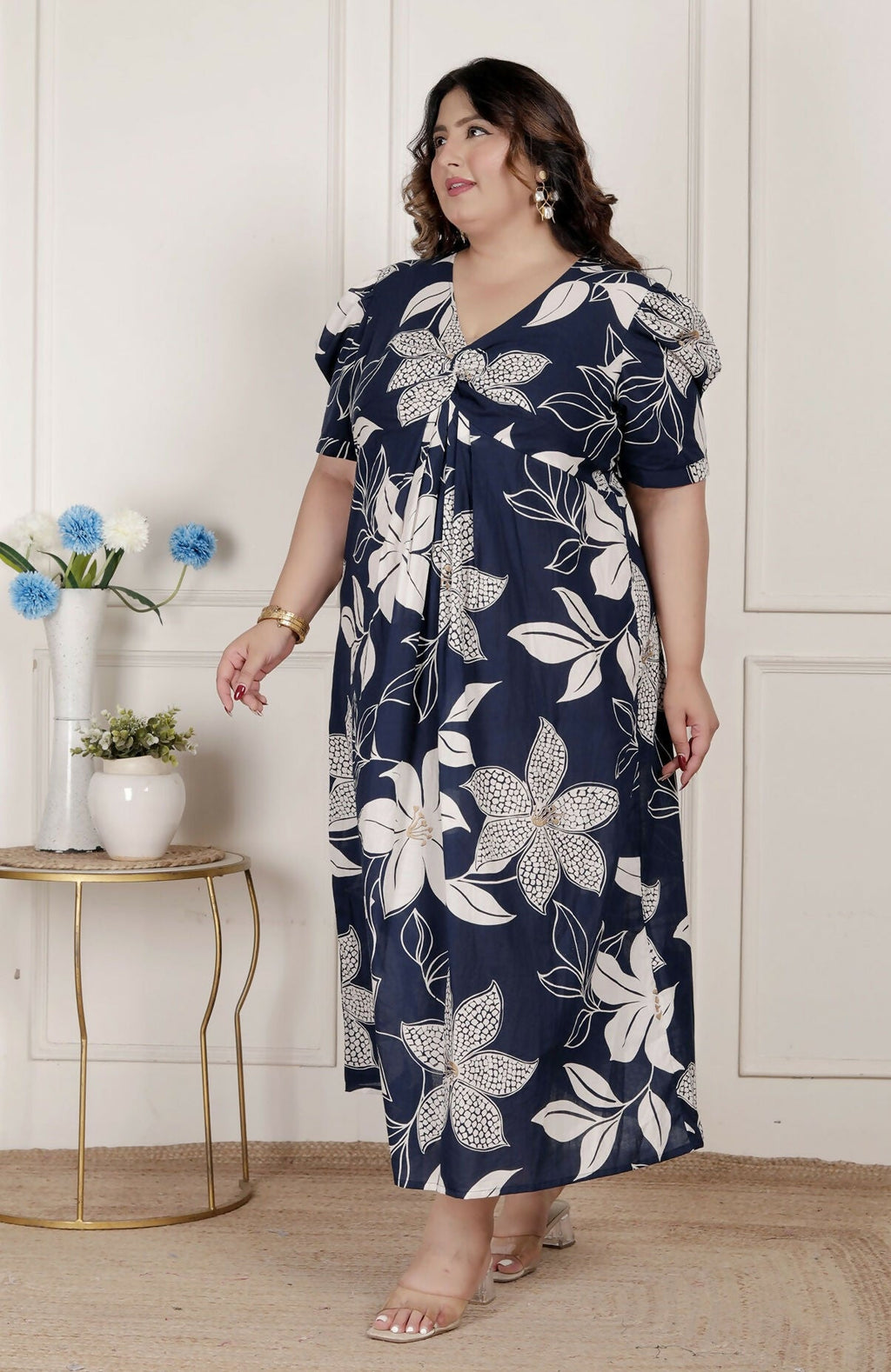 Miravan Womens Plus Size Blue Flower Printed Puff Sleeve Cotton Butterfly Maxi Dress | Grocsy