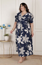 Miravan Womens Plus Size Blue Flower Printed Puff Sleeve Cotton Butterfly Maxi Dress | Grocsy