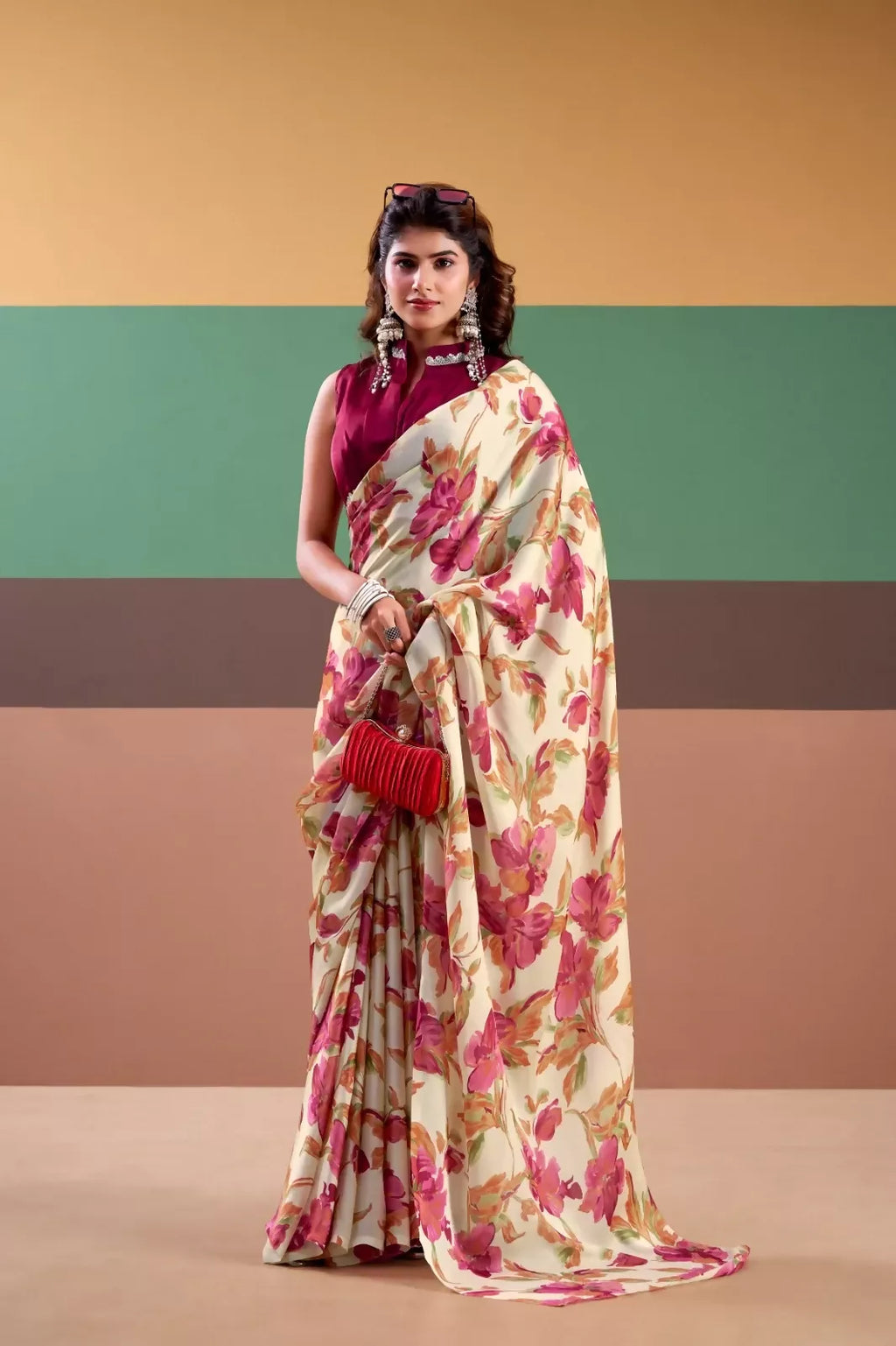 Vastranavya Pink Satin Silk Floral Printed Saree with Stitched Blouse | Grocsy