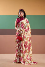 Vastranavya Pink Satin Silk Floral Printed Saree with Stitched Blouse | Grocsy