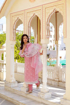Vaasva Women Candy Pink Linen Printed Kurta, Pant & Dupatta set | Grocsy