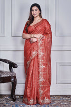 Morchari Red Kota Check Zari Embroidery Saree Unstitched Blouse | Grocsy